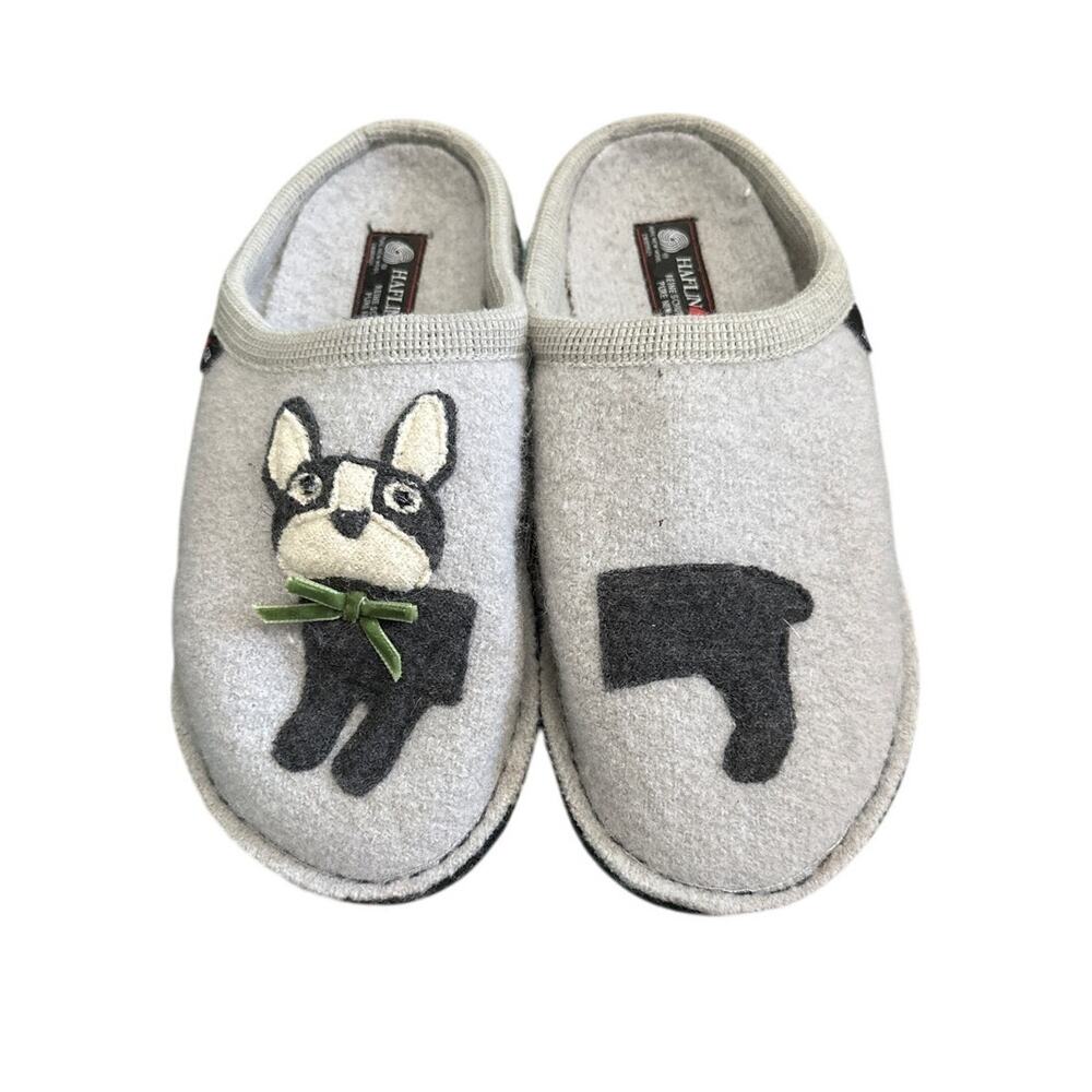 HAFLINGER Puppy Dog Slippers Grey Boiled Wool House Shoes size 40 US W9.5 M7